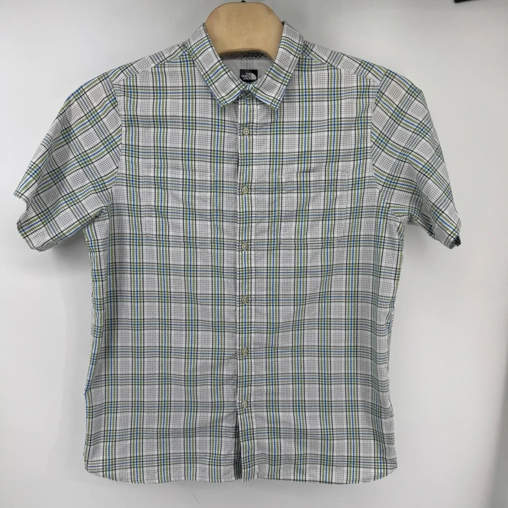 The North Face Men XL Plaid Short Sleeve Button Up Shirt Blue Green Hiking Trail